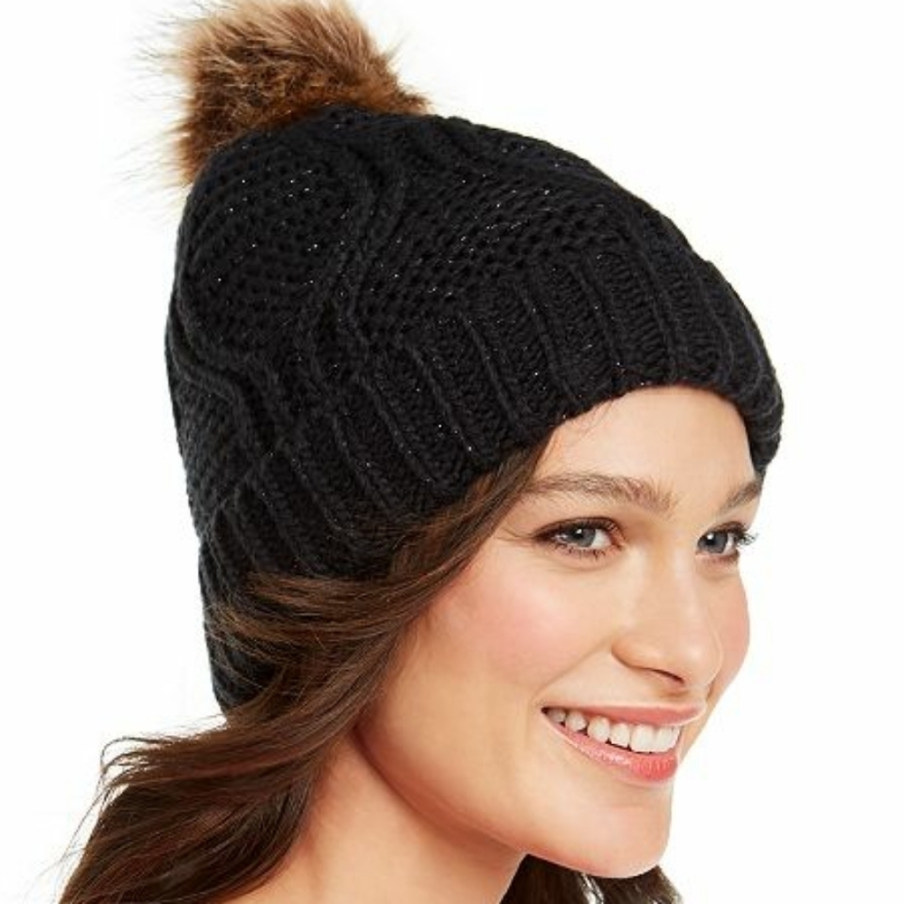 NEW! I.N.C. International Concepts Fleece Lined Cable Knit Pom Pom Hat.